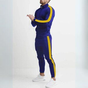 Men's Yellow & Black Side Stripe Zip Up Top & Pants Athletic Outfit